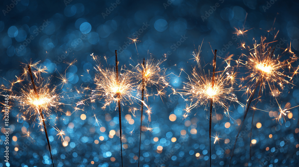 Obraz premium Glittering sparklers radiate festive cheer against a backdrop of blurred blue lights, evoking a sense of celebration and bright anticipation.