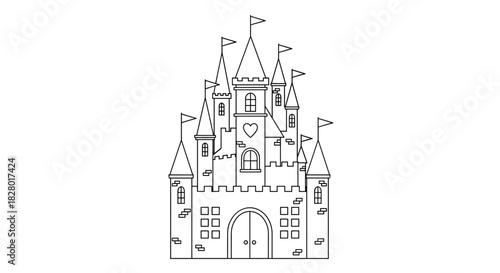 Simple black and white line art illustration of a magical fairy tale castle with many towers and flags for a coloring book.
