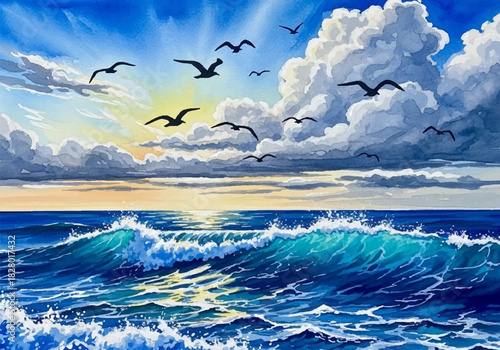 Vibrant Watercolor Seascape with Dynamic Ocean Waves and Majestic Seagulls Soaring under a Bright Sky