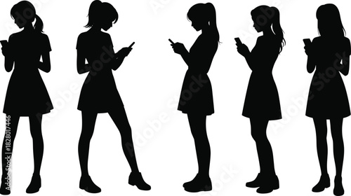 Black vector silhouettes of young woman standing, using smartphone for texting and social media, isolated on white background for technology.
