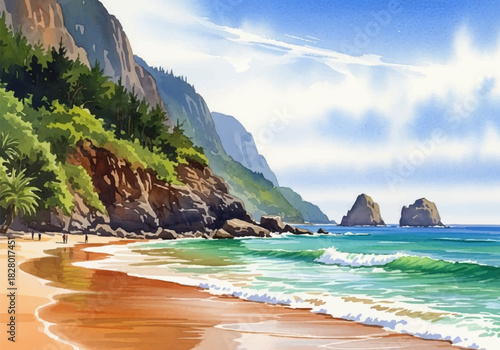 Serene coastal landscape with sandy beach and rocky cliffs under a clear sky, a beautiful watercolor painting