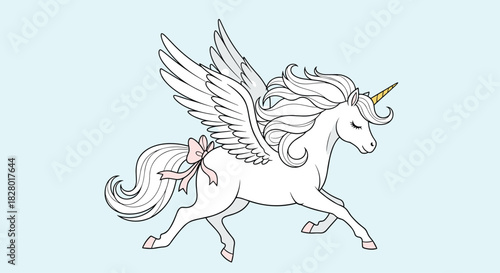 Graceful and elegant winged unicorn in a simple line art style running or flying on a soft light blue background design.