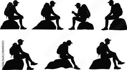 Black vector silhouettes of hiker man with backpack sitting on rock, resting and relaxing, isolated on white background for travel.