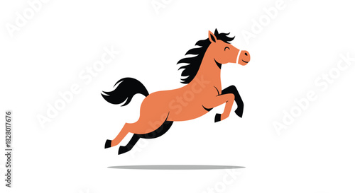 Happy and energetic cartoon horse with a joyful expression jumping high in the air on a simple clean white background.