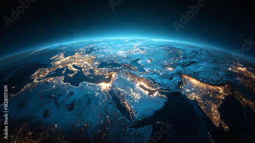 Earth's cityscape at night showcasing Europe, Middle East, and Asia with vibrant city lights and atmospheric perspective, as seen from space.