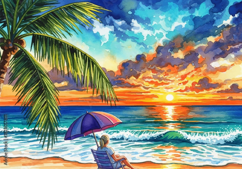 A tranquil beach sunset scene rendered in vibrant watercolor artistry, capturing the essence of tropical paradise