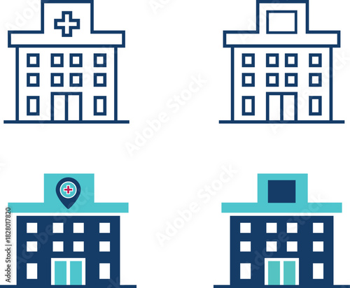 Hospital building silhouette. Building line art. Health care, medical service. 