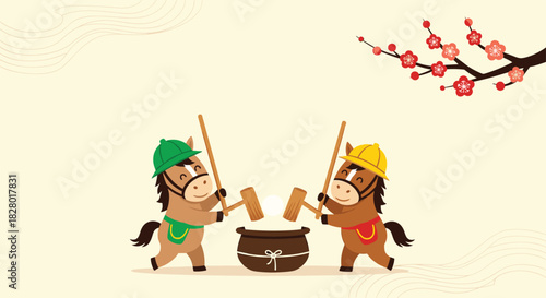 Cute cartoon of two horses making mochi for a Japanese new year celebration with a plum blossom branch in the background.