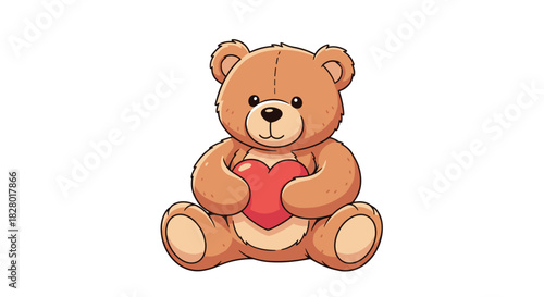 Adorable brown teddy bear with stitched details sitting and holding a small red heart with a sweet and innocent expression.