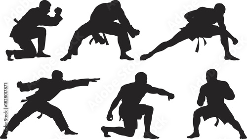 Black vector silhouettes of martial arts fighter performing low stances, crouching defense, and combat poses on isolated white background.