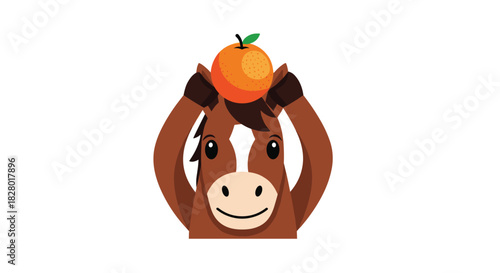 Funny and cute cartoon horse character holding up an orange fruit with a happy smiling face on a white background.