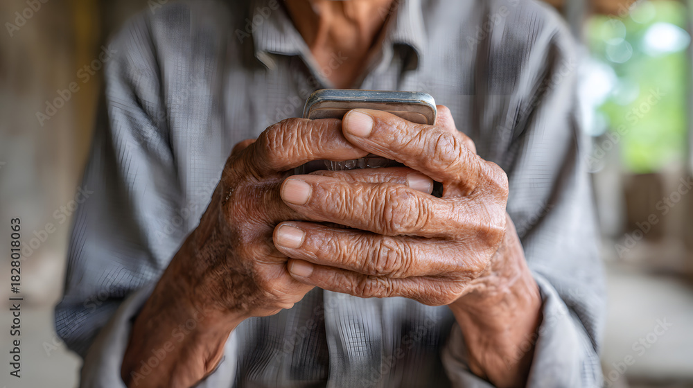Fototapeta premium Elderly Thai Farmer Holding Smartphone