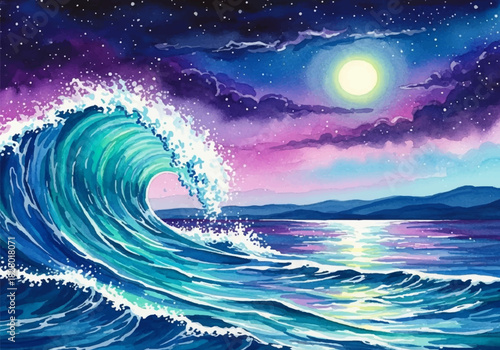 Majestic Night Ocean Wave Cresting Under a Shimmering Moon, Vibrant Watercolor Seascape