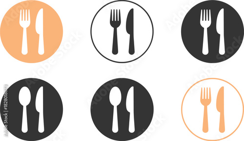Set of six icons depicting cutlery and plates Keywords: cutlery, fork, knife, spoon, plate, dish
