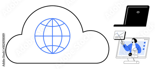 Cloud computing concept. Cloud with globe symbol highlights digital connectivity. Cloud computing supports remote work, data sharing, and online collaboration. Perfect for technology, business