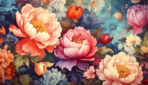Colorful peonies bloom in a lush floral display with deep blue & teal foliage; a vivid, artistic pattern