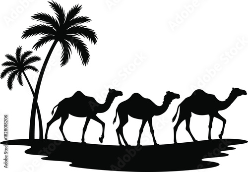 Camel silhouette at sunset in the desert sand dune landscape