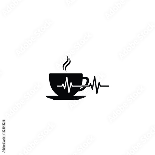 Black coffee cup with heartbeat line and steam saucer