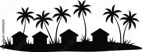 Tropical village, palm trees, island huts, nature scene, coastal lifestyle, silhouette landscape, exotic plants, peaceful retreat - flat vector illustration