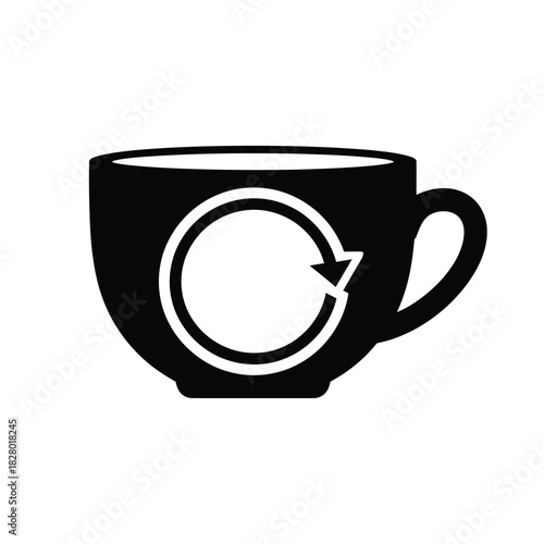 Black coffee cup with circular arrow icon white