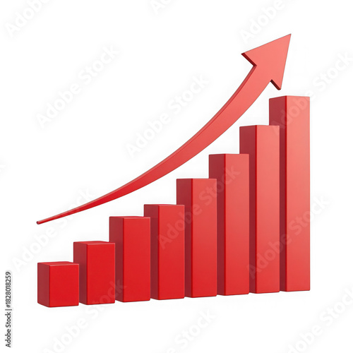 Red bar chart with upward trend arrow showing growth and success isolated on transparent background