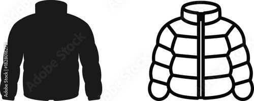 Jacket comparison, silhouette and line art, fashion outerwear, puffer coat, minimalist style, winter clothing icons - flat vector illustration