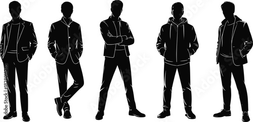 Male fashion poses, silhouette style, casual and formal wear, modern outfit variety, stylish posture, character design reference - flat vector illustrationMale fashion poses, 