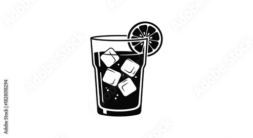 Iced drink with lemon slice silhouette in black and white