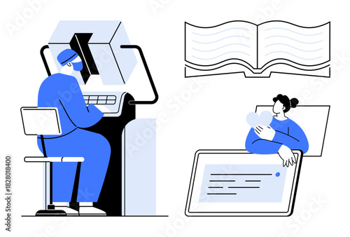 Remote learning. Modern tools and devices for online education, emphasizing remote learning interaction and digital reading. Suitable for education apps, e-learning platforms, tutorials, online