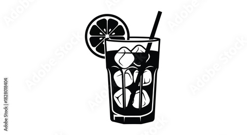 Refreshing cocktail with ice cubes and orange slice silhouette