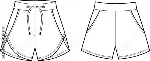 Athletic shorts flat sketch front and back views with drawstring fashion design apparel