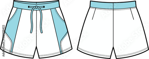 Athletic shorts flat sketch with color paneling and drawstring front and back views fashion illustration