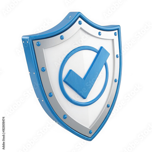 3d rendered blue and silver shield with checkmark symbol isolated on transparent background