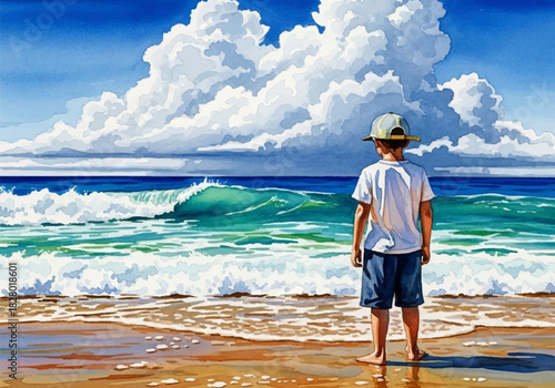 A Young Boy's Serene Gaze at the Ocean Majestic Clouds and Crashing Waves in a Vibrant Watercolor Painting