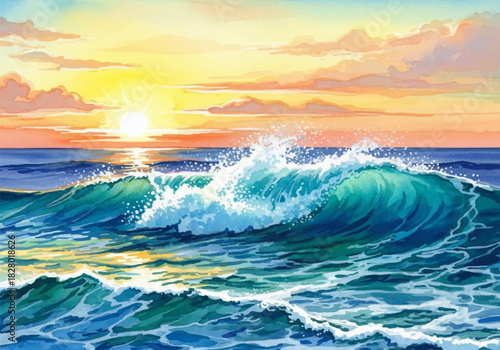 Vibrant watercolor artwork capturing a dramatic ocean sunset with powerful waves crashing on the sea