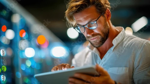 Focused young man using a digital tablet in a modern indoor environment with colorful blurred lights