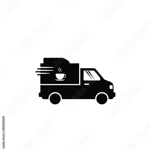 Black coffee delivery truck icon with steam vector