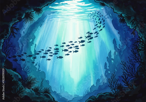 Vibrant underwater world illuminated by sun rays, a school of fish swims through a watercolor deep sea cave