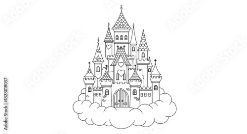 An intricate black and white line art drawing of a majestic fairytale castle floating on a fluffy cloud perfect for a coloring book.