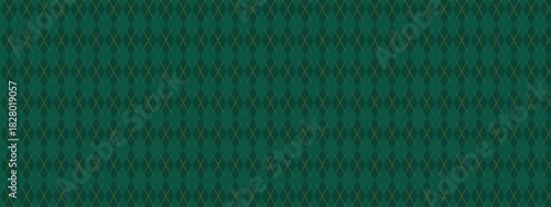 Dark Green Argyle Vector Pattern. Christmas Background. Golf Textile Print. Emerald Diamonds with Gold Accent Lines.
