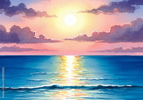 Vibrant watercolor painting of a breathtaking ocean sunset reflecting brilliant colors across the tranquil sea