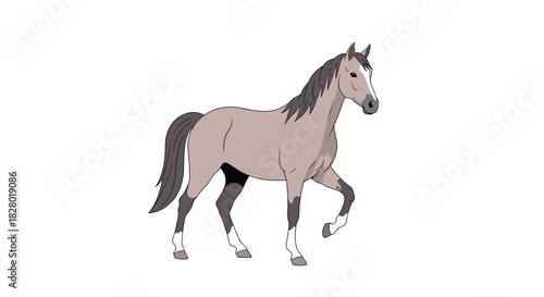 A realistically styled illustration of a beautiful dun-colored horse with dark points walking gracefully on a clean white background.