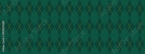 Dark Green Argyle Vector Pattern. Christmas Background. Golf Textile Print. Emerald Diamonds with Gold Accent Lines.