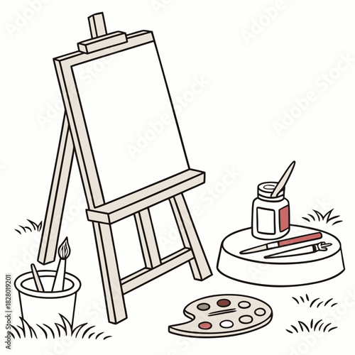 An empty canvas on a wooden easel with art supplies including paintbrushes a palette and a jar of paint set up outdoors on the grass for creative inspiration