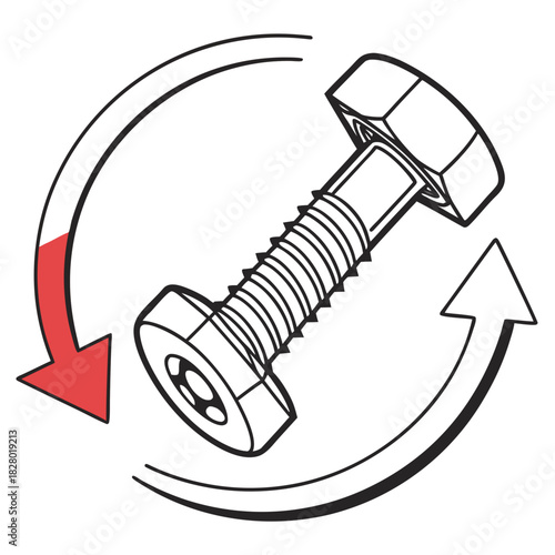 Illustration of a bolt and nut with circular arrows indicating rotation direction for tightening and loosening highlighting the correct tightening motion with a red arrow