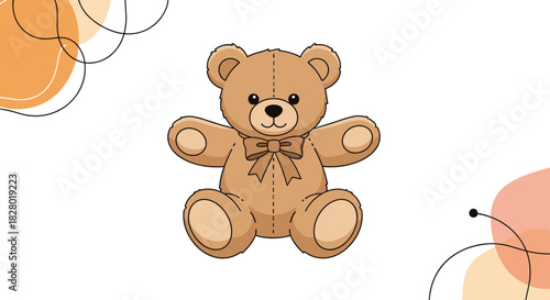 A cute cartoon teddy bear with a bow sitting in the center of an abstract composition with pastel shapes and flowing lines.