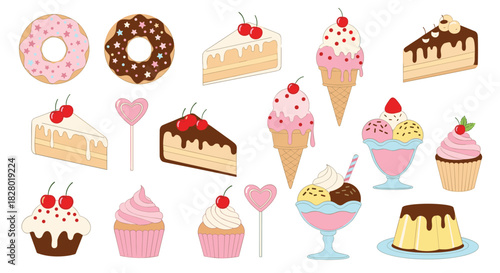 A delightful and sweet collection of various desserts including donuts cakes ice cream cones sundaes cupcakes and lollipops.