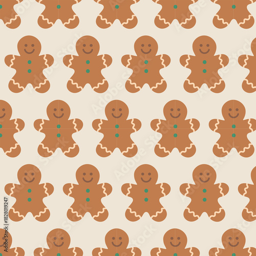 Seamless pattern with cute gingerbread men in warm rustic colors. Perfect for Christmas packaging, festive textiles, wrapping paper and holiday decor.