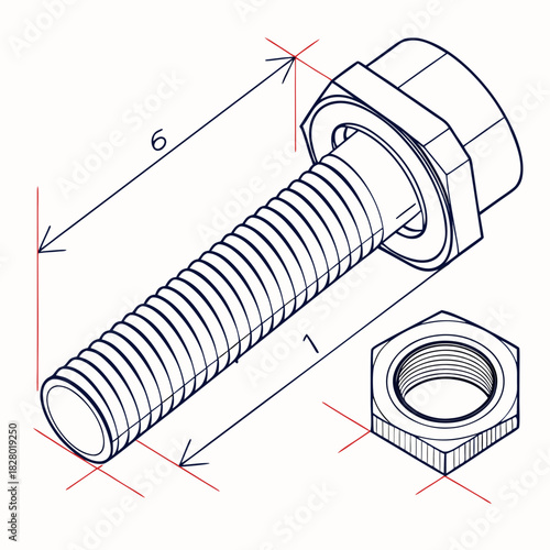 Isometric technical drawing of a hexagonal bolt and nut with dimension lines indicating measurements for length and diameter on a white background schematic illustration