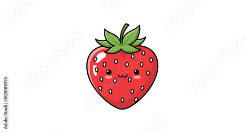 An adorable red strawberry character with a cute smiling kawaii face and rosy cheeks in a simple and sweet cartoon style.